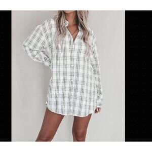 Plaid Romper Oversized Button Down Shirt Romper White NWT